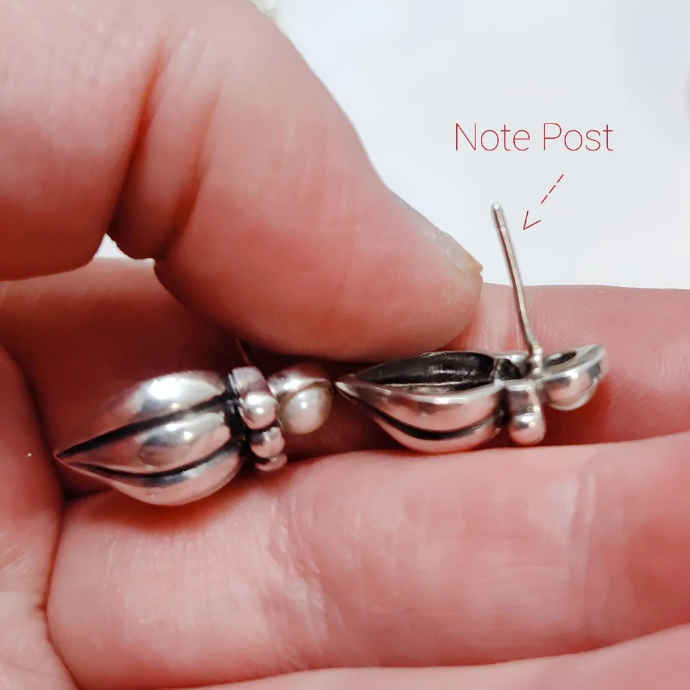 Vintage Sterling Silver Faux Pearl Fluted Post back Earrings - Picture 6 of 8